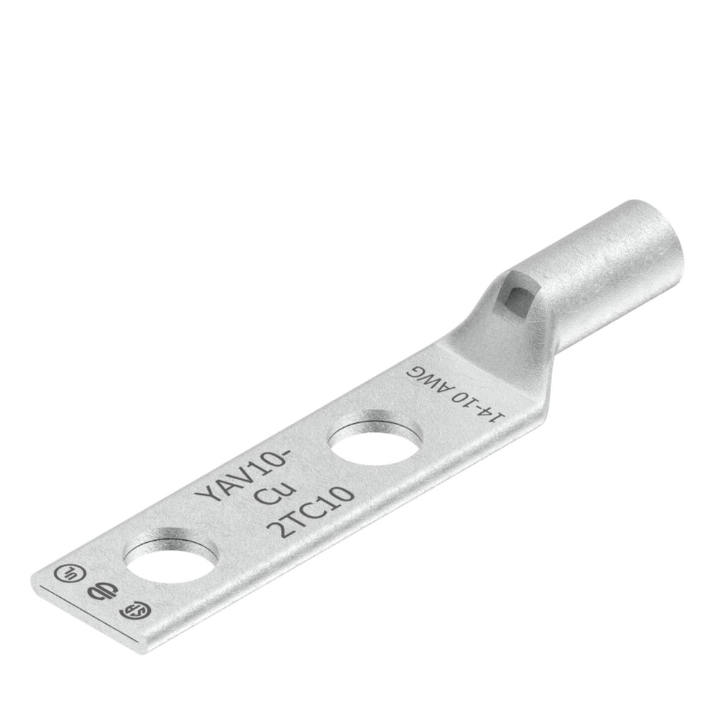 Product image for Burndy YAV102TC10 Copper Compression Lug, 2 Hole w/ Inspection Window, 14 AWG -10 AWG (str)/ 12 AWG-10 AWG (sol), #10 Stud, 5/8" Stud Hole Spacing, Short Barrel, Tin - Electro Plated