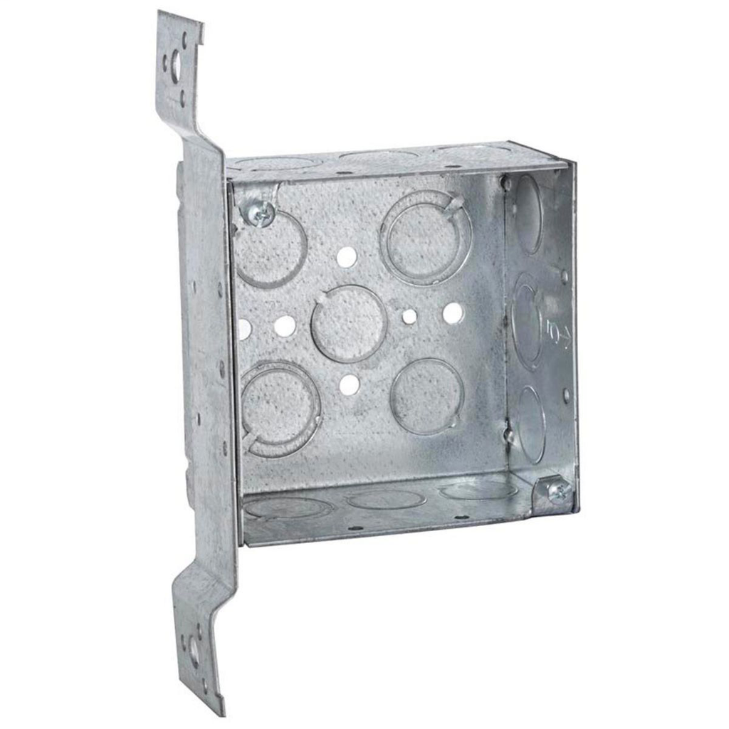 Product image for Raco 237 4" Steel Square Box, 2-1/8" Deep, 1/2" & 3/4" Knockouts, Wood/Metal Stud Bracket, Welded