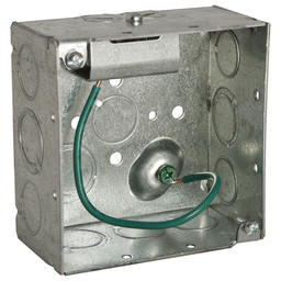 Raco 232S 4" Square Box, Welded with STAB-IT Connector, 2-1/8" Deep, 600V, Raised Ground, 8" #12 Solid Copper Pigtail