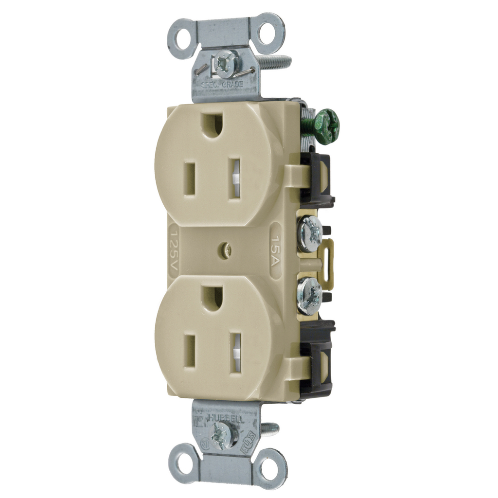 Product image for Hubbell BR15-ITR Ivory 15A 125V Duplex Receptacle - Tamper Resistant. Commercial Spec Grade