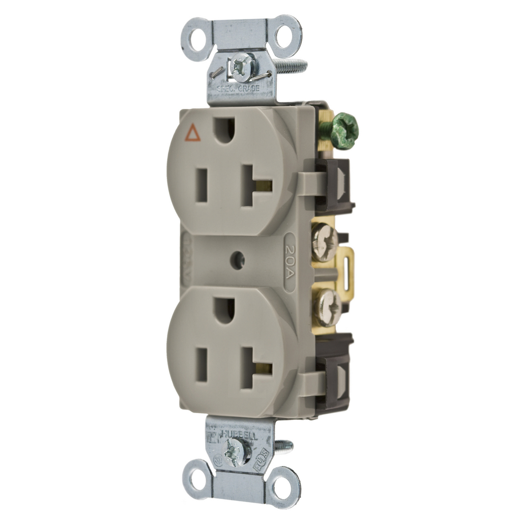 Product image for Hubbell IG20CRGRY 20 Amp Gray Side Wired Isolated Ground Commercial Duplex Receptacle