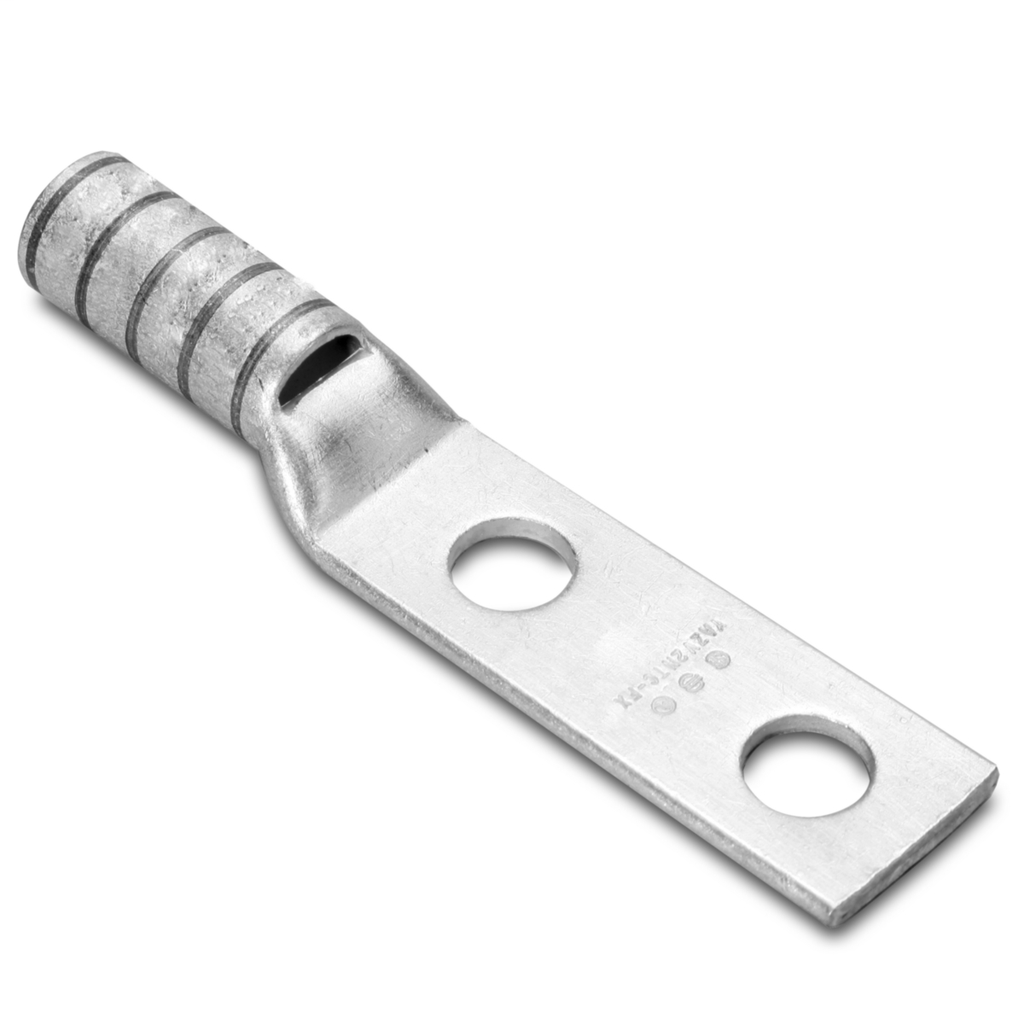 Product image for Burndy YAV2CL2NTCFX 2 Flex G,H,I,K,M,DLO, 2 AWG CU, Two Hole, 1/2 Stud Size, 1-3/4 Hole Spacing, Standard Barrel, Inspection Window, Internal Chamfer, Tin Plated, UL/CSA, 90.C, Up to 35kV, Brown Color Code, 10 Die Index