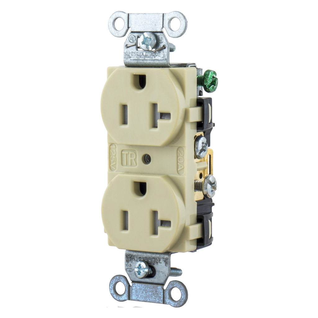 Product image for Hubbell BR20-ITR Ivory 20A 125V Duplex Receptacle - Tamper Resistant. Commercial Spec Grade