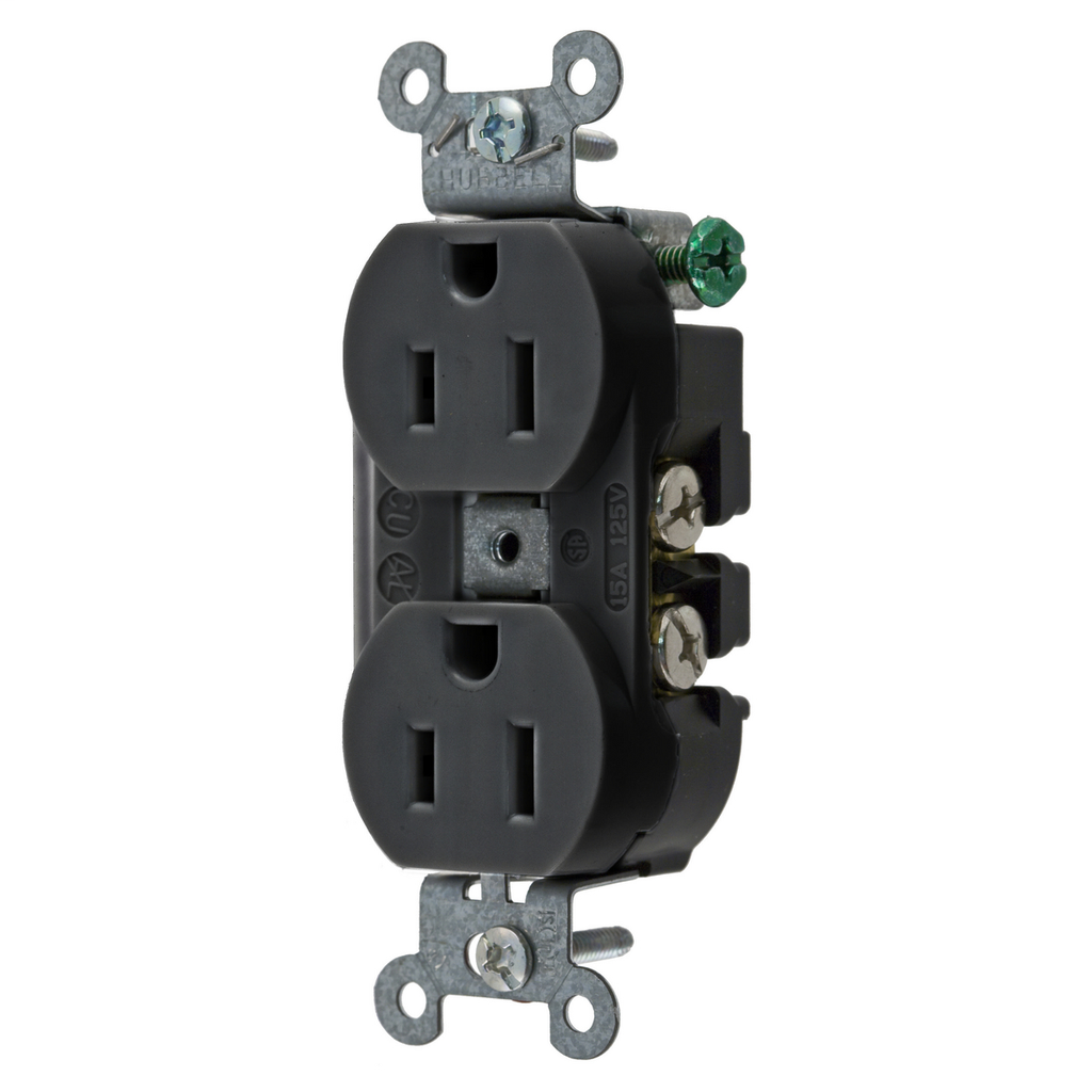 Product image for Hubbell 5252A-BLK Black 15A 125V Duplex Receptacle. Heavy Duty Industrial Series