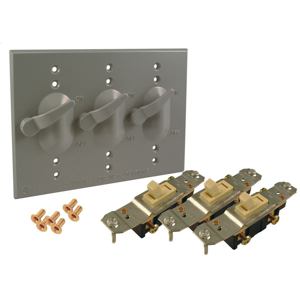 Bell 5126-0 3-Gang Gray Powder Coated Metallic Horizontal Device Mount Weatherproof Box Cover with 1-Pole Toggle Switch Bell 5126-0 3-Gang Gray Powder Coated Metallic Horizontal Device Mount Weatherproof Box Cover with 1-Pole Toggle Switch