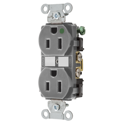 Product image for Hubbell 8200GY Straight Blade Device, Duplex Receptacle, Hospital Grade, Hubbell-Pro, 2-Pole 3- WireGrounding, 15A 125V, 5-15R, Gray