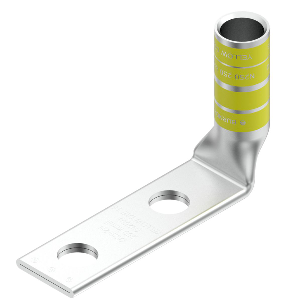 Product image for Burndy YA292N90 250 kcmil CU, Two Hole, 1/2 Stud Size, 1-3/4 Hole Spacing, Long Barrel Internal Chamfer, Tin Plated, UL/CSA, 90.C, Up to 35kV, Yellow Color Code, 16 Die Index, 90 Degree