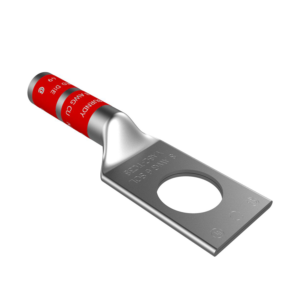 Product image for Burndy YA8CTC38 8 AWG CU, One Hole, 3/8 Stud Size, Long Barrel, Internal Chamfer, Tin Plated, UL/CSA, 90.C, Up to 35kV,RED Color Code, 49 Die Index