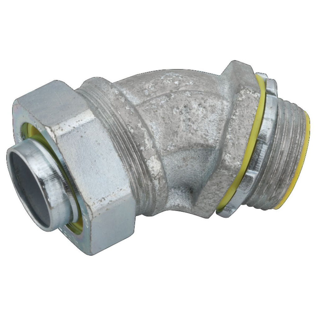 RACO 3566 1-1/2 Inch Zinc Electroplated Malleable Iron Insulated Throat 45 Degrees Liquidtight Conduit Connector RACO 3566 1-1/2 Inch Zinc Electroplated Malleable Iron Insulated Throat 45 Degrees Liquidtight Conduit Connector