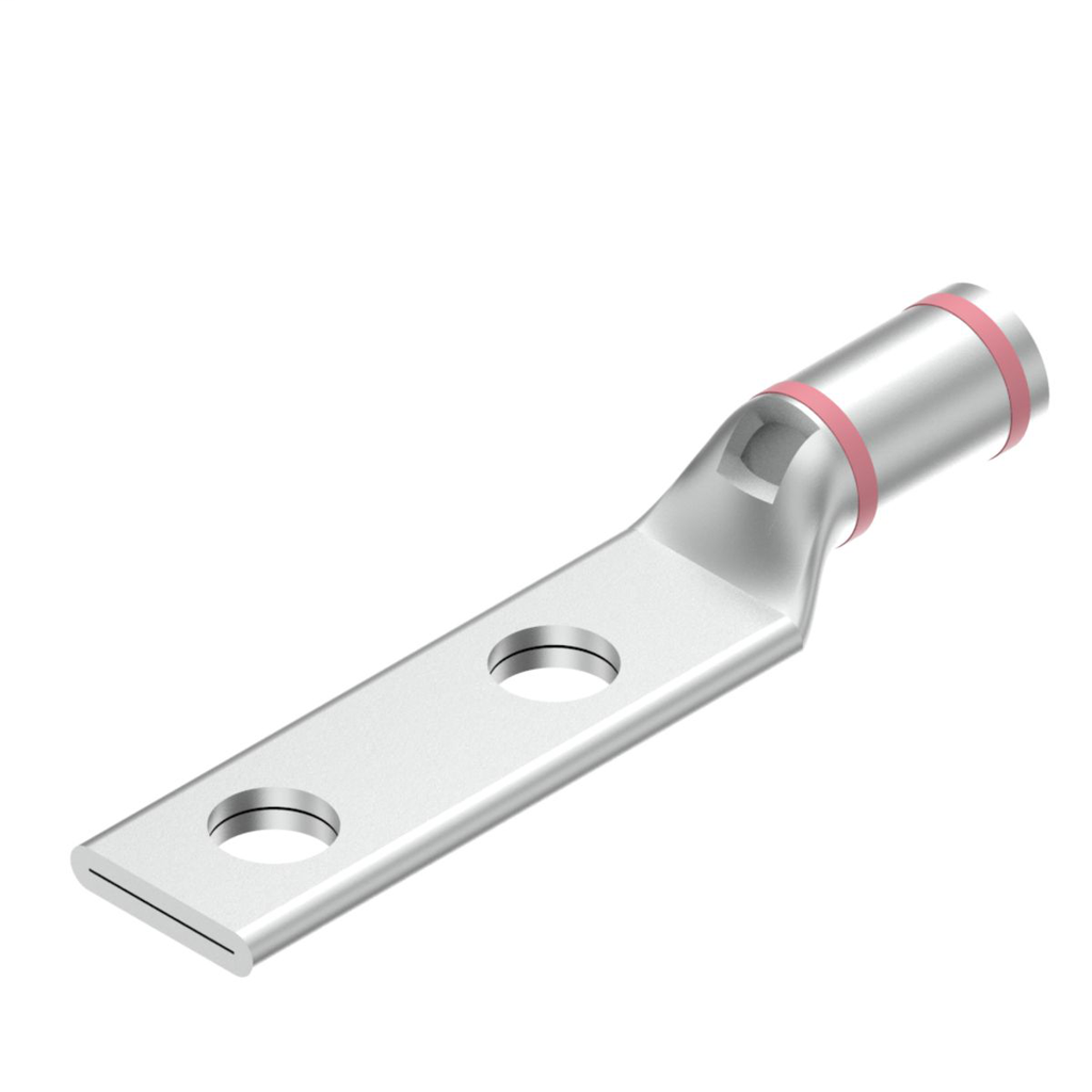 Product image for Burndy YAV25L2NTCFX 1/0 Flex G,H,I,K,M,DLO, 1/0 AWG (B/C) CU, Two Hole, 1/2 Stud Size, 1-3/4 Hole Spacing, Standard Barrel, Inspection Window, Internal Chamfer, Tin Plated, UL/CSA, 90.C, Up to 35kV, Pink Color Code, 12 or 348 Die Index