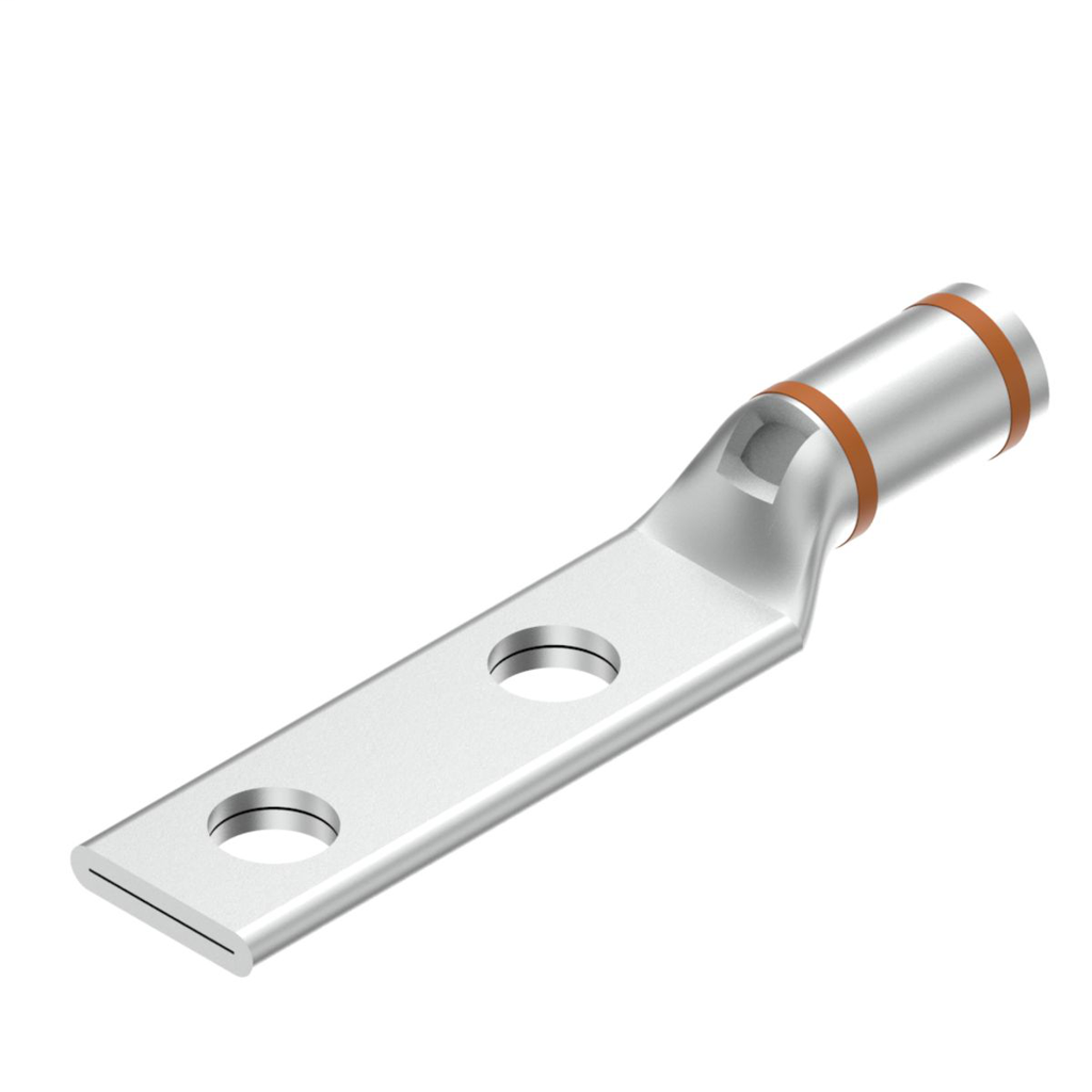 Product image for Burndy YAV27L2TC38FX 3/0 Flex G,H,I,K,M,DLO, 3/0 AWG CU, Two Hole, 3/8 Stud Size, 1 Hole Spacing, Standard Barrel, Inspection Window, Internal Chamfer, Tin Plated, UL/CSA, 90.C, Up to 35kV, Orange Color Code, 14 Die Index