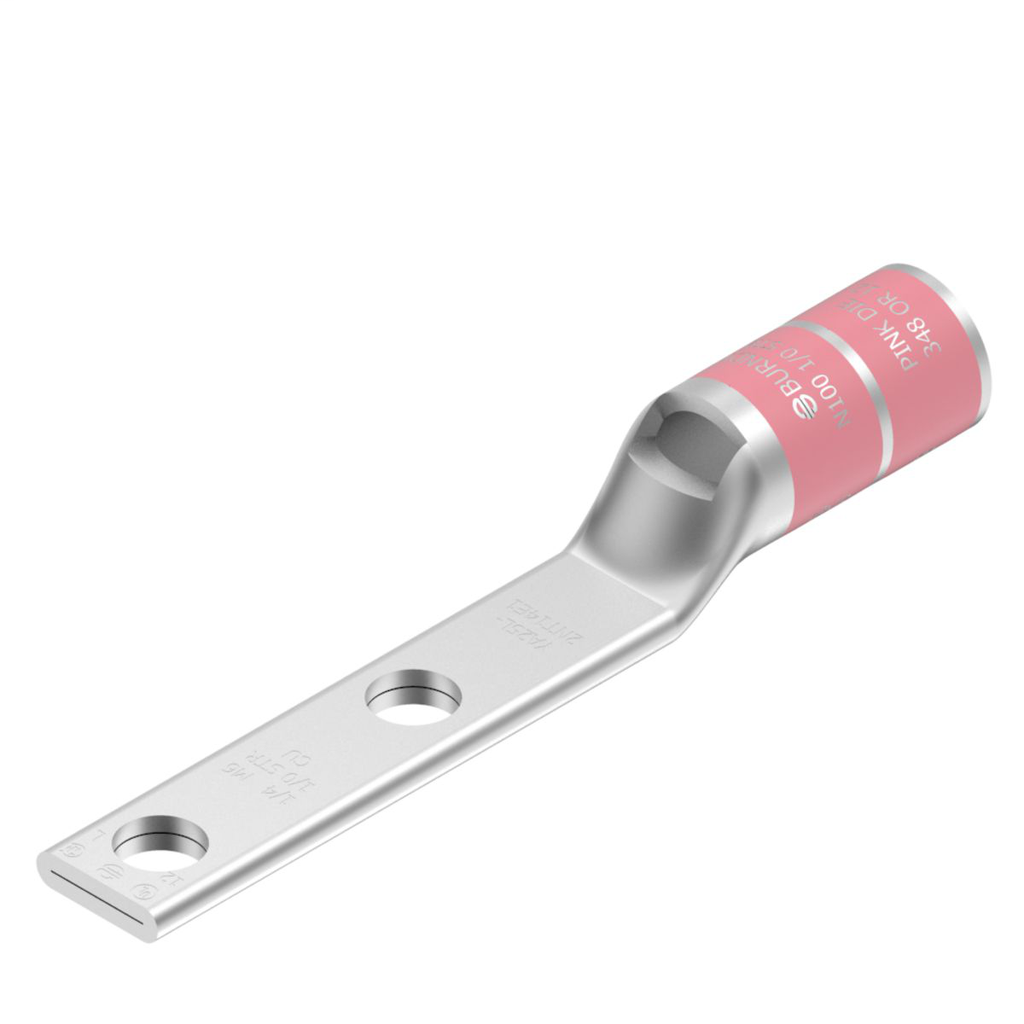 Product image for Burndy YA25L2NT14E1 1/0 AWG CU, Two Hole, 1/4 Stud Size, 1 Hole Spacing, Standard Barrel, Inspection Window, Narrow Tongue Internal Chamfer, Tin Plated, UL/CSA, 90.C, Up to 35kV, Pinnk Color Code, 12 or 348 Die Index