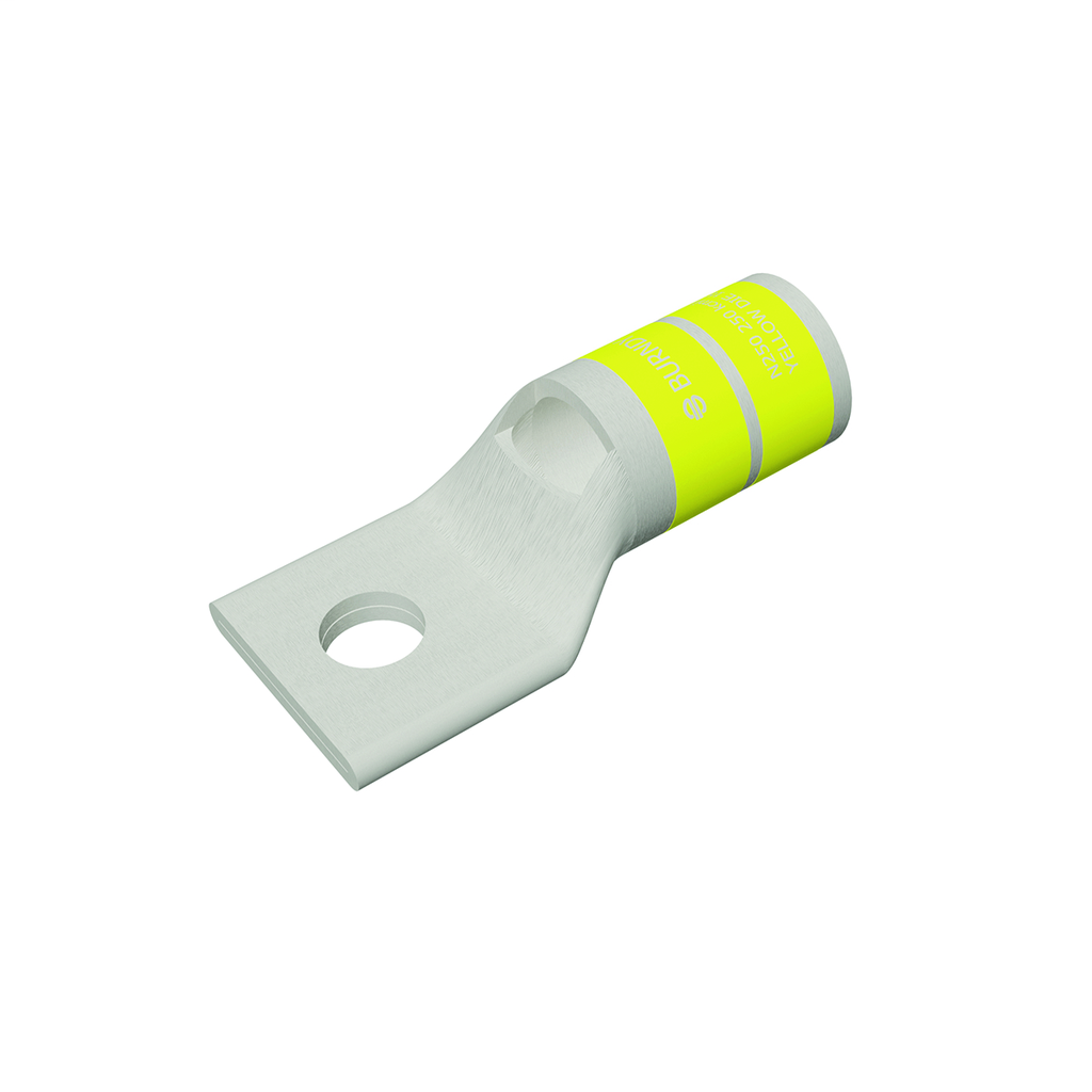 Product image for Burndy YA29L2 250 kcmil CU, One Hole, 1/4 Stud Size, Standard Barrel, Inspection Window, Internal Chamfer, Tin Plated, UL/CSA 90. Up to 35kV, YELLOW Color Code, 16 Die Index