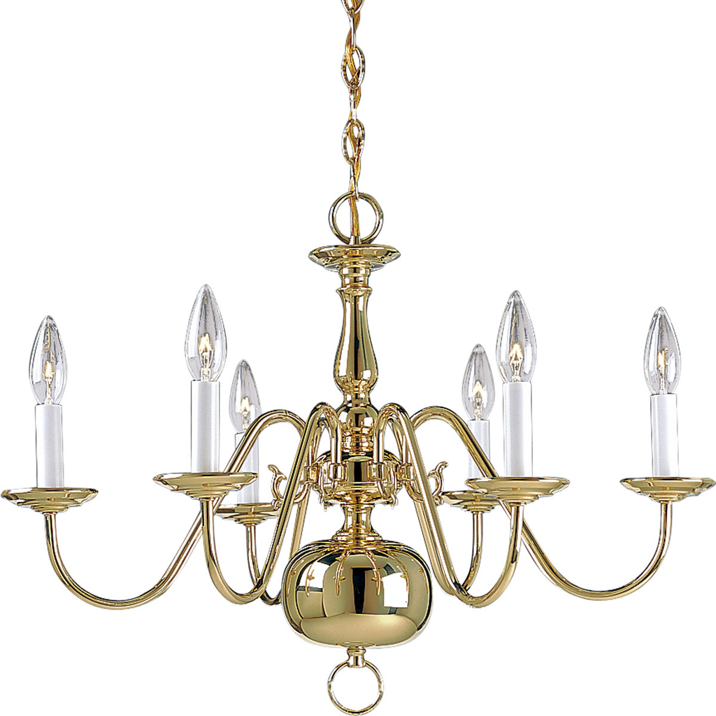 Product image for Progress P4356-10 Americana Collection Six-Light Polished Brass White Candle Traditional Chandelier Light