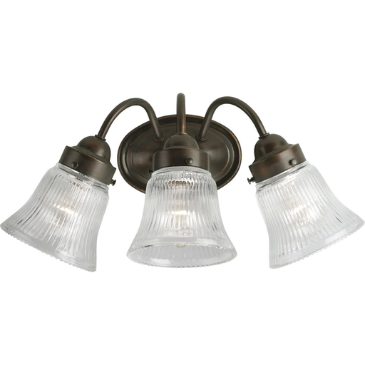 Product image for Progress P3289-20 Fluted Glass Collection Three-Light Antique Bronze Clear Prismatic Glass Traditional Bath Vanity Light