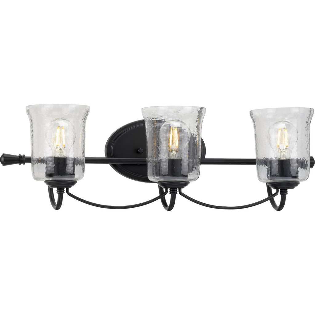 Product image for Progress P300255-031 Bowman Collection Three-Light Matte Black Clear Chiseled Glass Coastal Bath Vanity Light