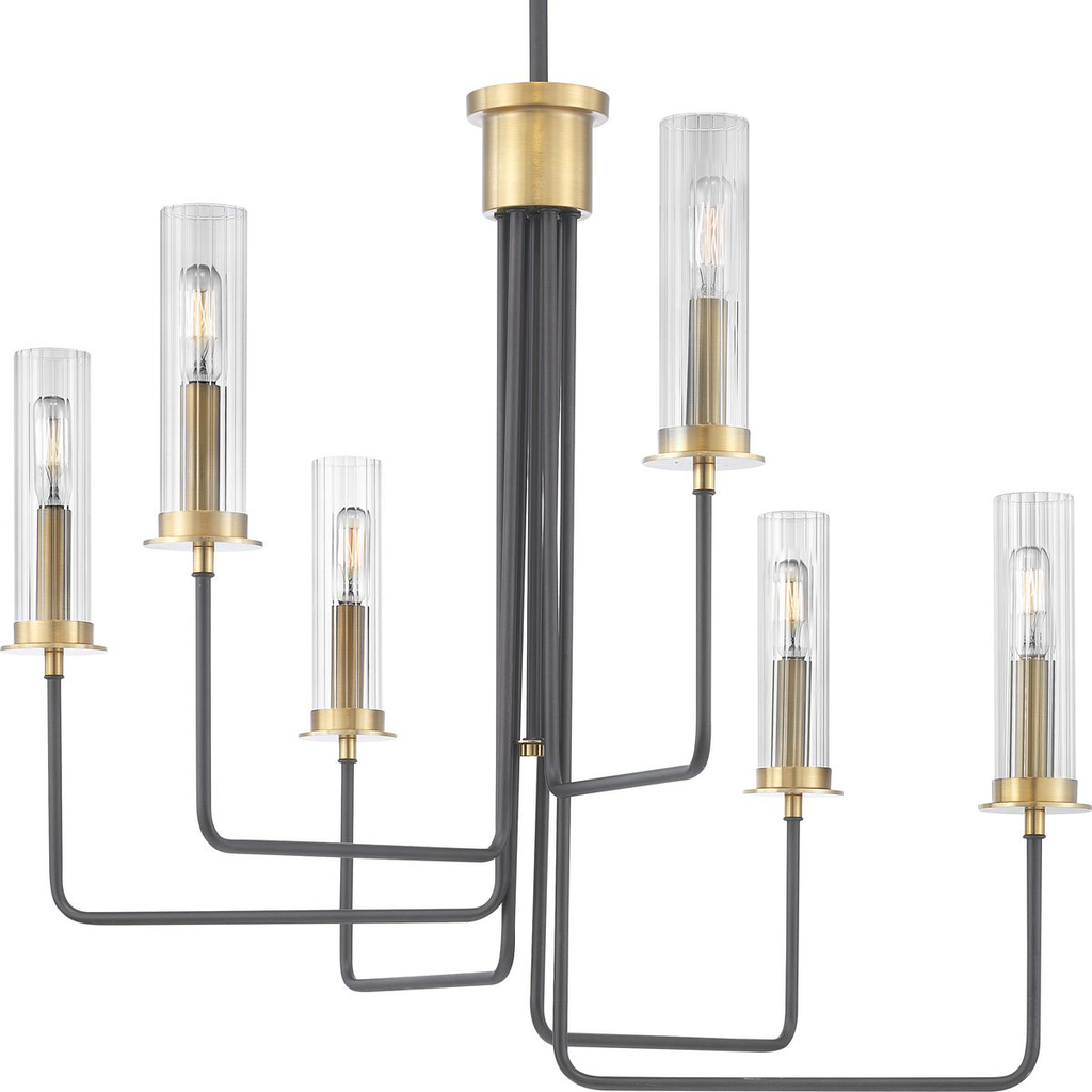 Product image for Progress P400168-143 Rainey Collection Six-Light Graphite Clear Fluted Ribbed Glass Modern Chandelier Light