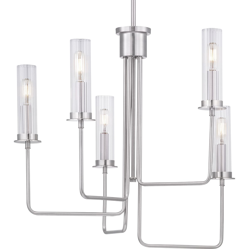 Product image for Progress P400167-009 Rainey Collection Five-Light Brushed Nickel Clear Fluted Ribbed Glass Modern Chandelier Light