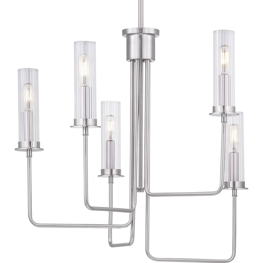 Product image for Progress P400167-009 Rainey Collection Five-Light Brushed Nickel Clear Fluted Ribbed Glass Modern Chandelier Light