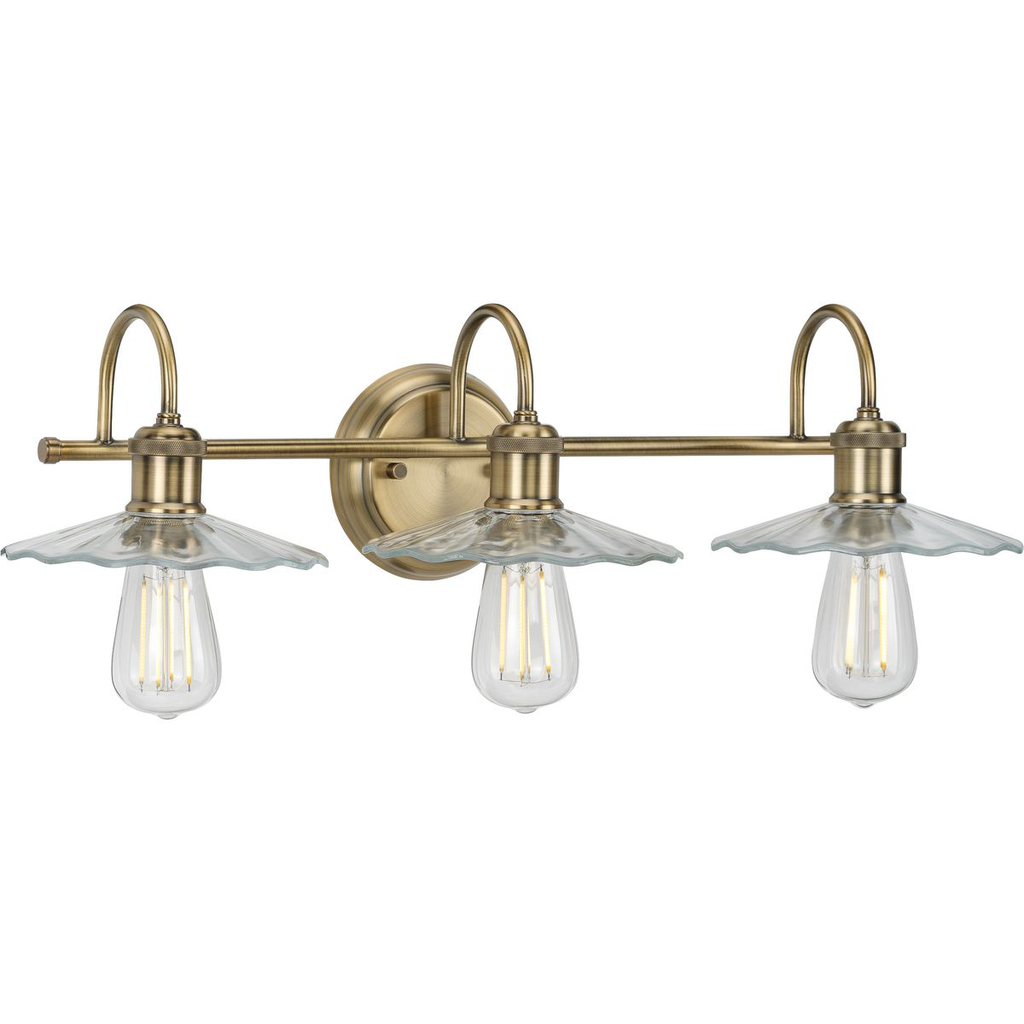 Product image for Progress P300288-163 Fayette Collection Three-Light Vintage Brass Clear Glass Farmhouse Bath Vanity Light