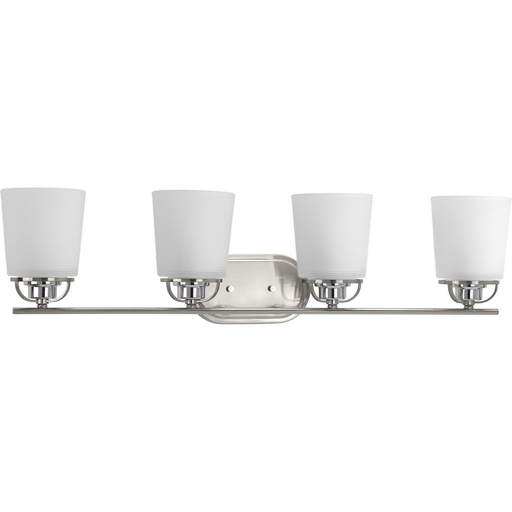 Product image for Progress P300007-009 West Village Collection Four-Light Brushed Nickel Etched Double Prismatic Glass Farmhouse Bath Vanity Light