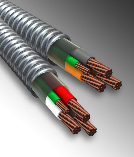Product image for MC Cable 10/4 Solid (Brown,Orange,Yellow,Gray) w/Ground Aluminum Armored Cable, 277/480V, 250ft Coil