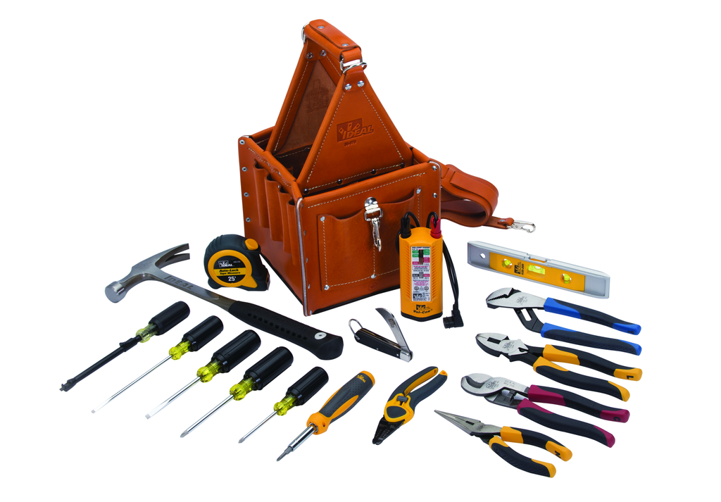 Product image for Ideal 35-809 20 Pc Master Electrician's Tool Kit (Pouch,Pliers,Screwdrivers,Hammer,Knife,Level,Wire Stripper,Etc)