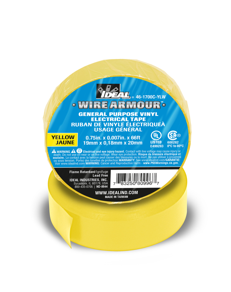 Product image for Ideal 46-1700C-YLW General Purpose Electrical Vinyl Tape, Yellow, 3/4" x 66ft, 7mil