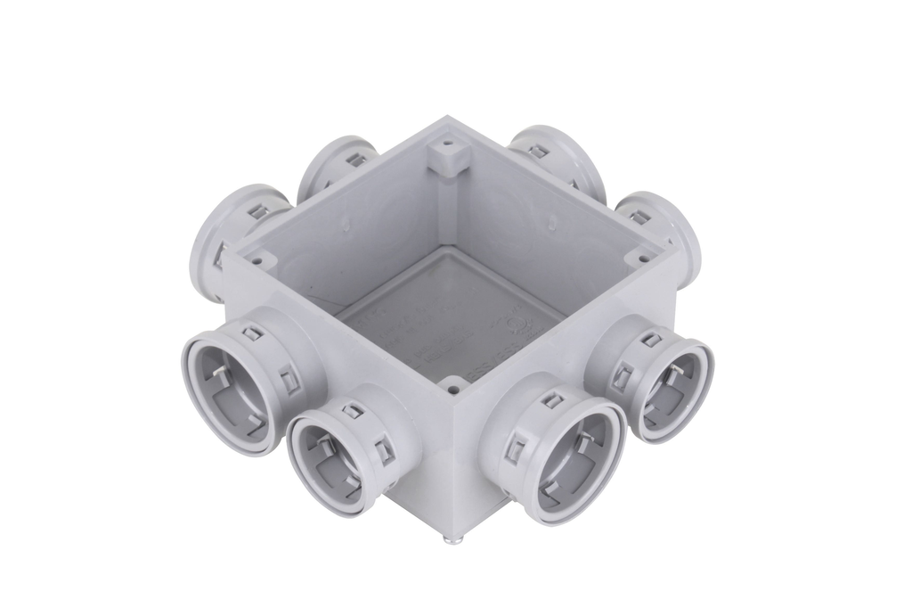 Product image for Ipex MBH-10 (089022) 4" Kwikon PVC Square Mud Box for use with Plaster Ring, 29 cu.in., (8) 1/2" Molded Connectors