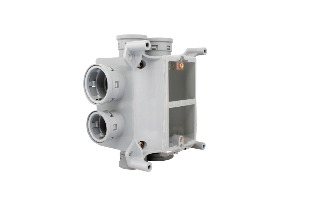 Product image for Ipex SVDB-H-15/20 (089049) Kwikon PVC Concrete Wall Box, 3-1/2" Deep, 38 cu.in., (4) 3/4" & (4) 1" Hubs