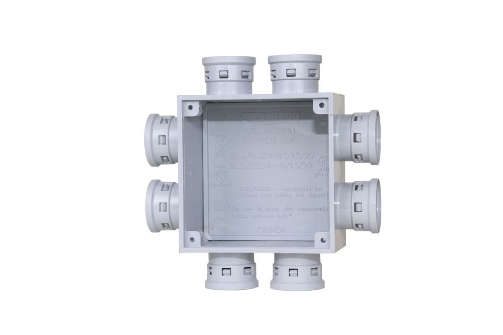 Product image for Ipex MBH-15 (089018) 4" Kwikon PVC Square Mud Box for use with Plaster Ring, 29 cu.in., (8) 3/4" Molded Connectors