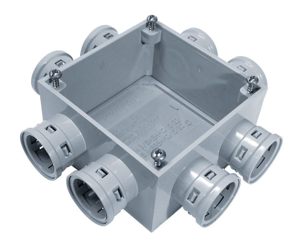 Product image for Ipex MBH-10/20 (089019) 4" Kwikon PVC Square Mud Box for use with Plaster Ring, 29 cu.in., (4) 1/2", (2) 3/4" & (2) 1" Molded Connectors