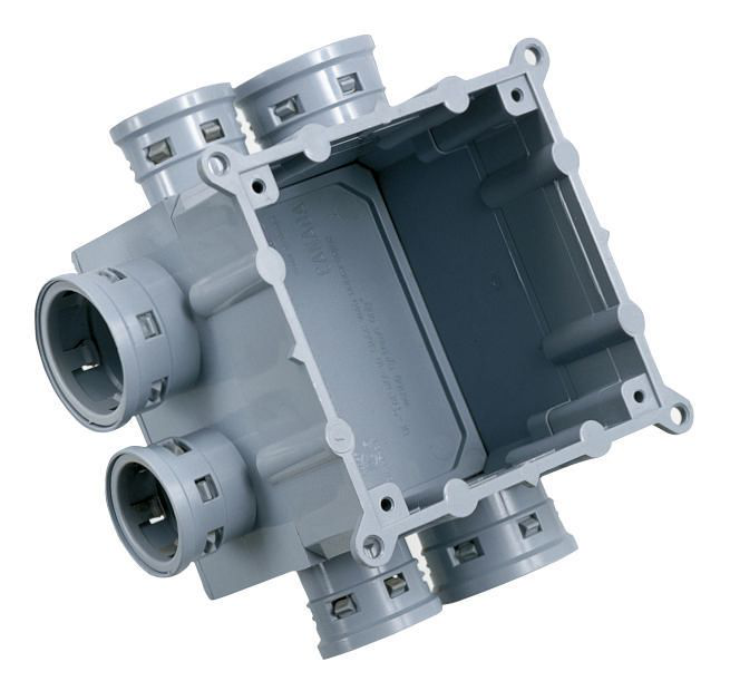 Product image for Ipex SSBH-10/15 (089469) 4" Kwikon PVC Square Slab Box, 44 cu.in., (4) 1/2" & (4) 3/4" Molded Connectors