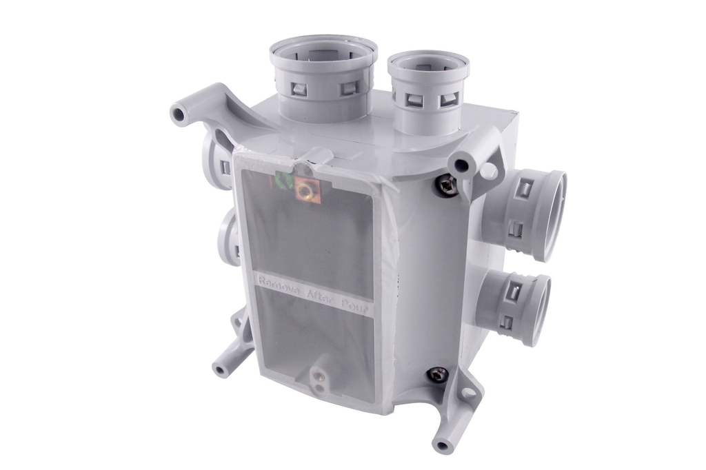 Product image for Ipex SVDB-H-10/20 (089052) Kwikon PVC Concrete Wall Box, 3-1/2" Deep, 38 cu.in., (4) 1/2", (2) 3/4" & (2) 1" Hubs