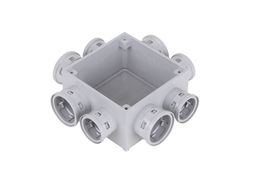 Product image for Ipex MBH-15/20 (089021) 4" Kwikon PVC Square Mud Box for use with Plaster Ring, 29 cu.in., (4) 3/4" & (4) 1" Molded Connectors