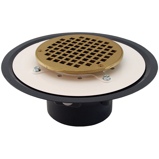4" Heavy Duty PVC Drain Base with 3-1/2" Metal Spud and 6" Polished Brass Strainer
