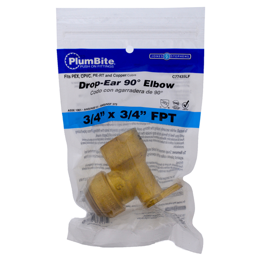 3/4" FPT (Bagged) PlumBite Push On Drop Ear 90° Elbow, Lead Free