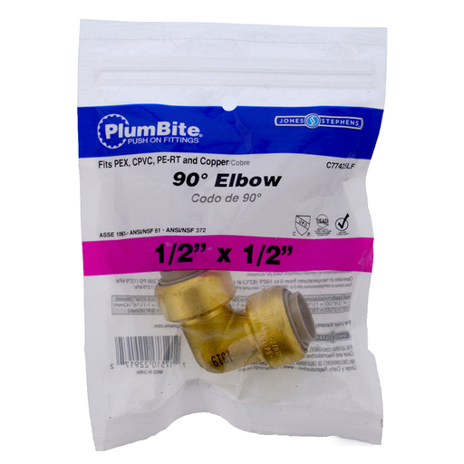 1/2" (Bagged) PlumBite Push On 90° Elbow, Lead Free