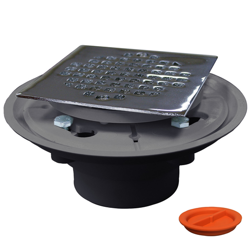 2" x 3" PVC Shower Drain/Floor Drain with 4" Chrome Plated Cast Square Strainer with Test Plug