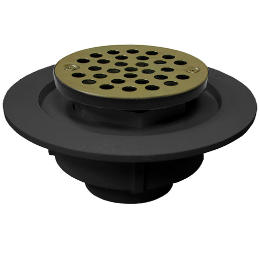 2" PVC Shower Drain/Floor Drain with Plastic Tailpiece and 4" Polished Brass Round Strainer
