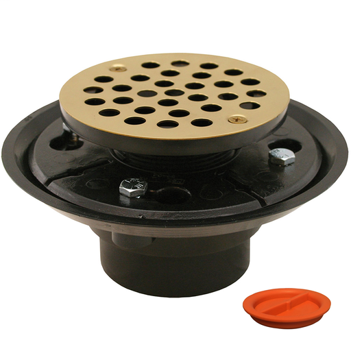 2" x 3" ABS Shower Drain/Floor Drain with 4" Polished Brass Round Strainer with Test Plug