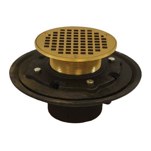 4" Heavy Duty No Hub Floor Drain/Shower Drain with 10" Pan and 6" Polished Brass Round Strainer - Height 4-3/4" - 6-3/4"
