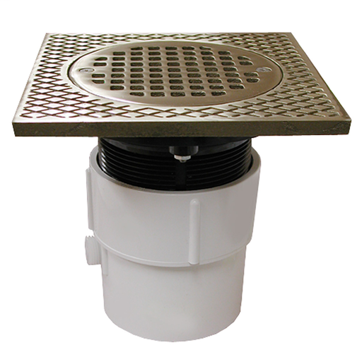 3" x 4" PVC Pipe Fit Drain Base with 3-1/2" Plastic Spud and 5" Nickel Bronze Strainer