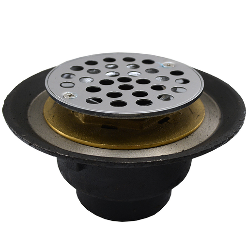 2" IPS Shower Drain with Brass Threaded Clamping Ring with Brass Spud, 6-1/2" Pan and 4" Stainless Steel Round Strainer