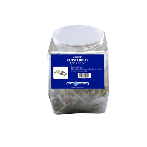Bucket Of Bolts" Display, 1/4" x 2-1/4" Brass Plated Bolts with Nuts and Oval Washers, 50 Pairs