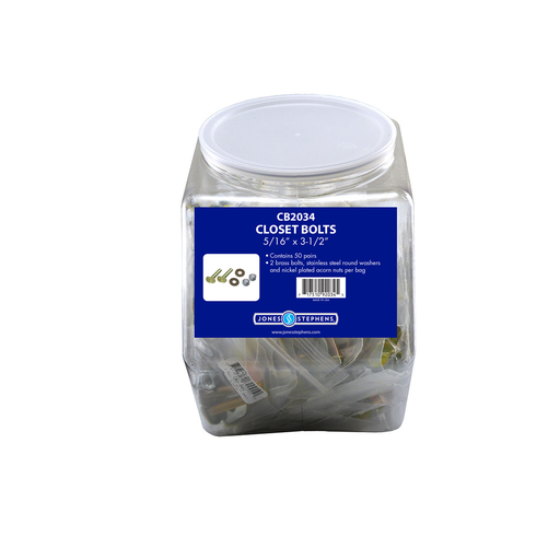 Bucket Of Bolts" Display, 5/16" x 3-1/2" Brass Bolts with Nuts and Round Washers, 50 Pairs