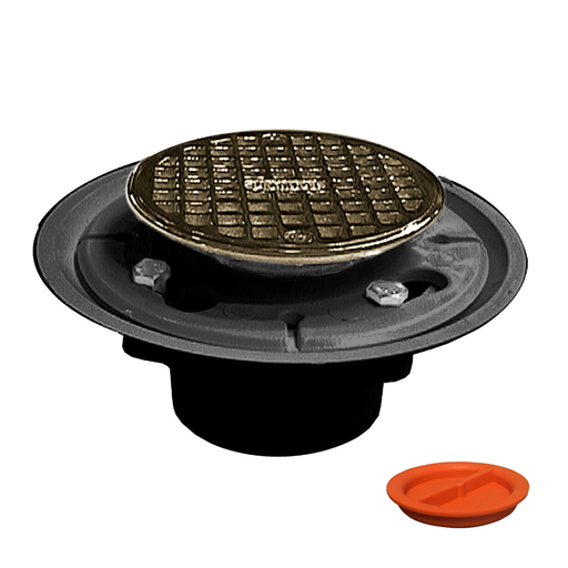 2" x 3" PVC Shower Drain/Floor Drain with Brass Tailpiece and 4" Polished Brass Round Strainer with Test Plug