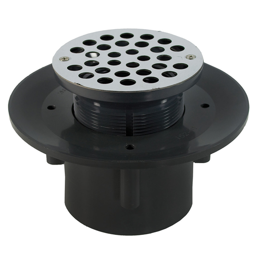 2" x 3" Heavy Duty PVC Slab Drain Base with 4" Plastic Spud and 6" Stainless Steel Strainer
