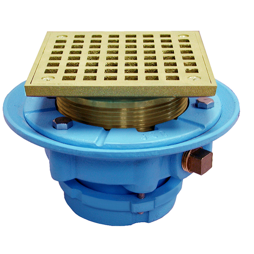 2" No Caulk Mechanical Joint Code Blue Floor Drain with 9" Pan and 6" Polished Brass Square Strainer - Height 4-1/4" - 5-1/4"