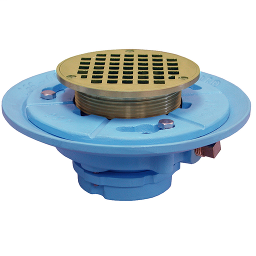 2" No Caulk Mechanical Joint Code Blue Floor Drain with 9" Pan and 4" Polished Brass Round Strainer - Height 4" - 4-13/16"